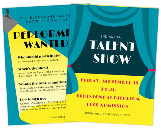 spotlight shining down on flyer text and second flyer featuring blue curtained stage for school talent show invitation and promotional flyer to boost participation and attendance by pto answers