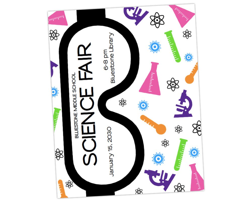 multicolored science themed icons scattered on background with safety google title family fun event flyer for STEM science night or science fait