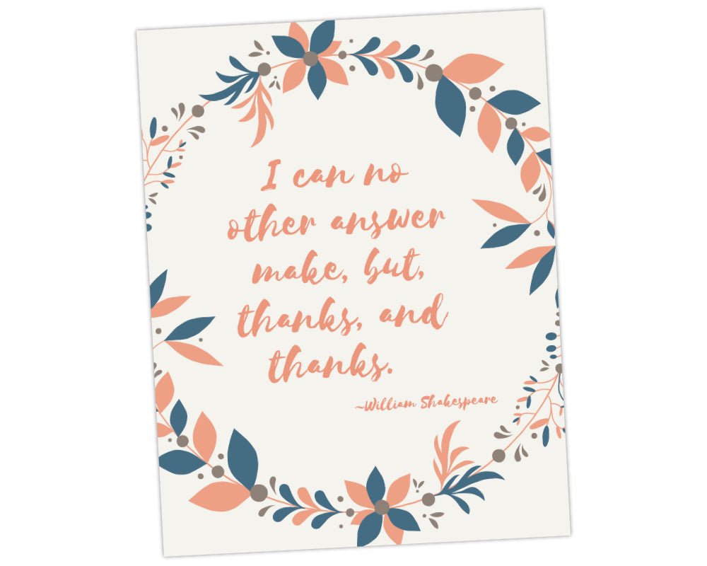 printable teacher appreciation wall art with William Shakespeare quote of I can no other answer make, but thanks, thanks and thanks on cream background with pink and blue floral wreath for teacher appreciation week by pto answers