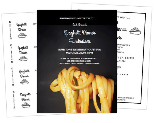 image of spaghetti piled on fork against black background with black and white flyers in background for school fundraising event sponsored by school parent group by pto answers