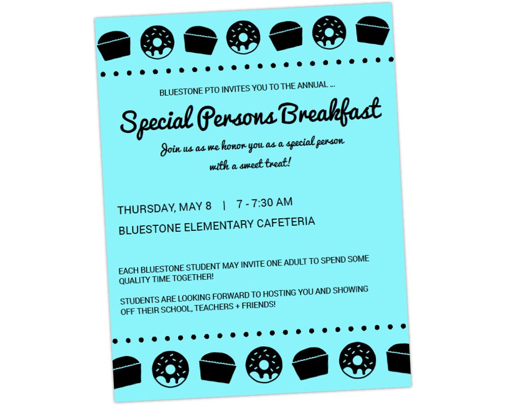 blue background flyer and flier template with black muffin and donut icons at top and bottom as borders for special persons breakfast to boost family engagement  by pto answers