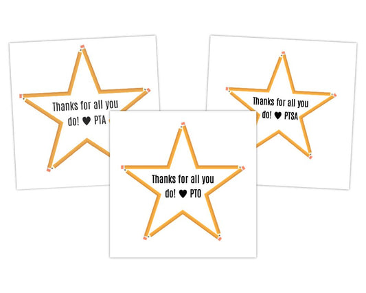 printable teacher appreciation and staff appreciation gift tags saying thanks for all you do from pta pto ptsa with pencil shaped stars for volunteer appreciation week and end of the school year by pto answers