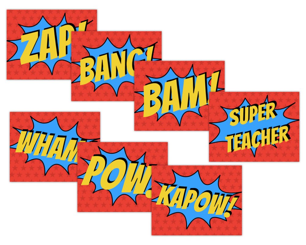 printable superhero signs for super hero staff appreciation events printable teacher appreciation sign in superhero theme with star background and yellow and blue burst by pto answers