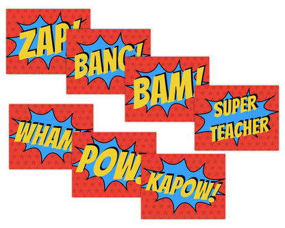 printable superhero signs for super hero staff appreciation events printable teacher appreciation sign in superhero theme with star background and yellow and blue burst by pto answers