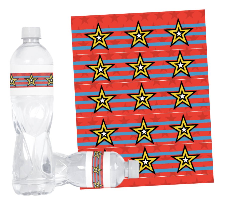 printable superhero water bottle label for super hero appreciation week event for teachers, staff and volunteers with red, yellow and blue stars