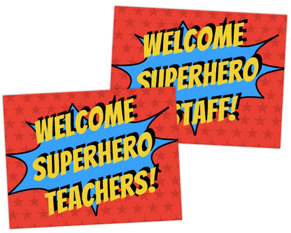 printable superhero signs for super hero staff appreciation events printable teacher appreciation sign in superhero theme with star background and yellow and blue burst for teacher appreciation week by pto answers