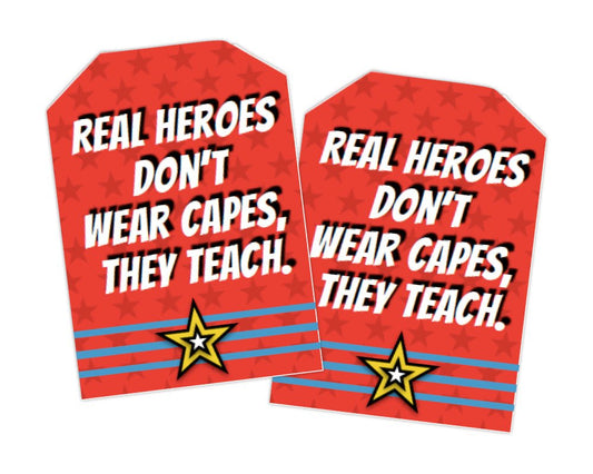 printable teacher super hero gift tags for teacher appreciation week with red star background and yellow and blue color scheme for teacher appreciation week by pto answers