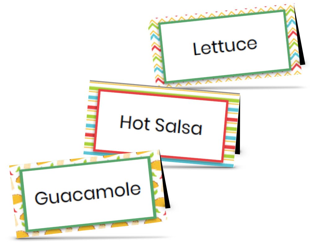 taco themed fiesta food tent labels with striped, chevron and taco icon backgrounds for teacher and school staff appreciation
