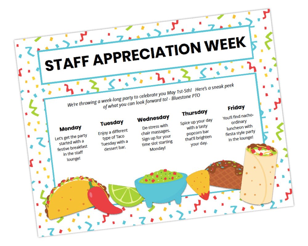 taco themed fiesta teacher appreciation week flyer with taco icons and confetti background for school staff appreciation event