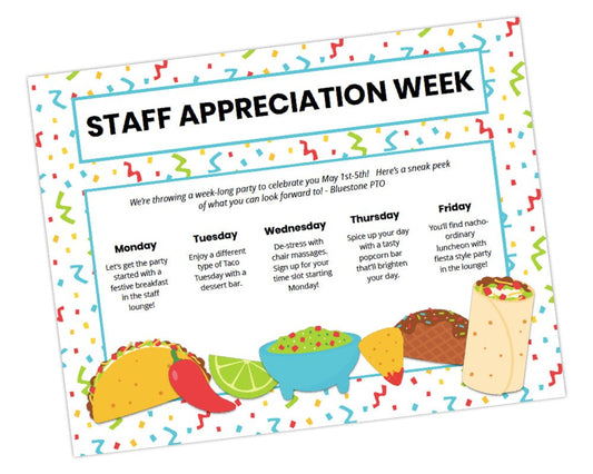taco themed fiesta teacher appreciation week flyer with taco icons and confetti background for school staff appreciation event
