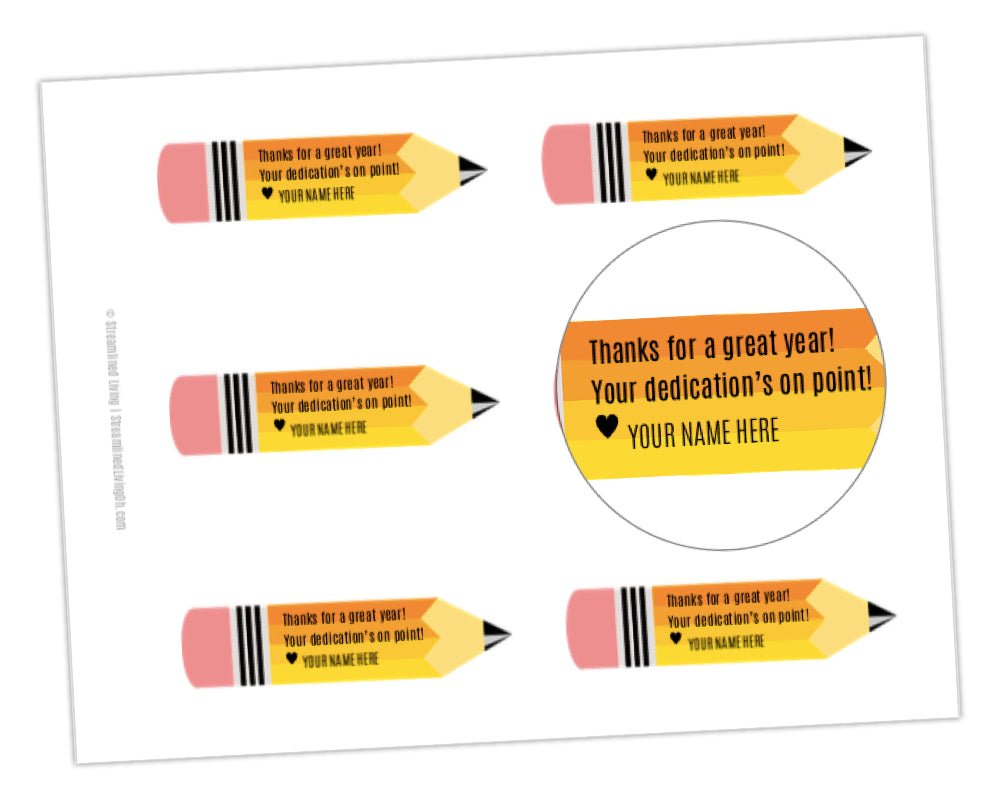 Thanks for a great year! Your dedication is on point printable gift tags and customizable gift idea with gold and yellow pencils for volunteer and staff appreciation week and end of the school year by pto answers