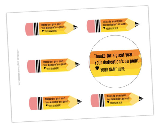 Thanks for a great year! Your dedication is on point printable gift tags and customizable gift idea with gold and yellow pencils for volunteer and staff appreciation week and end of the school year by pto answers