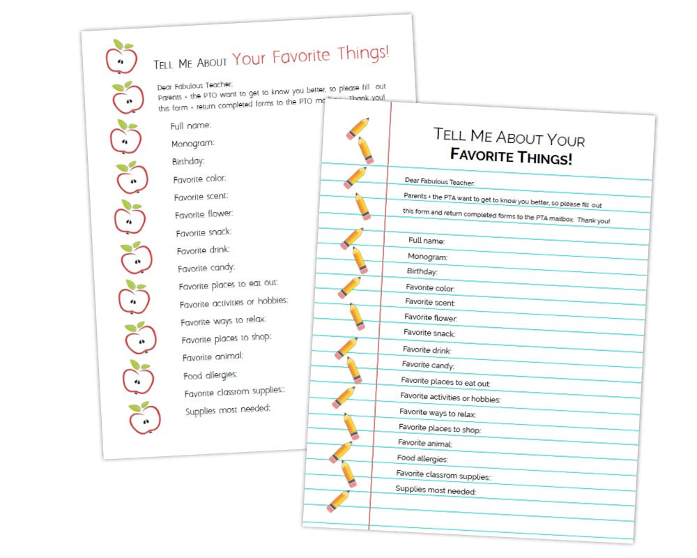 printable teacher's favorites questionnaire for appreciation gifts with apples and pencils on top of notebook paper pattern for teacher and staff appreciation week and end of the school year by pto answers