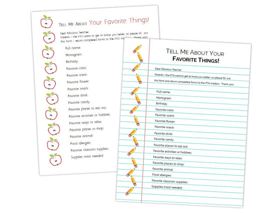 printable teacher's favorites questionnaire for appreciation gifts with apples and pencils on top of notebook paper pattern for teacher and staff appreciation week and end of the school year by pto answers