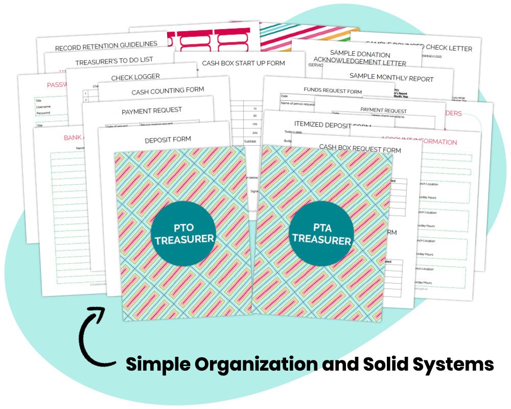 'simple organization and solid systems' to stay organized as pto pta treasurer by pto answers - colorful documents and book cover with iMac displaying resource name atop blue blob shape with text underneath