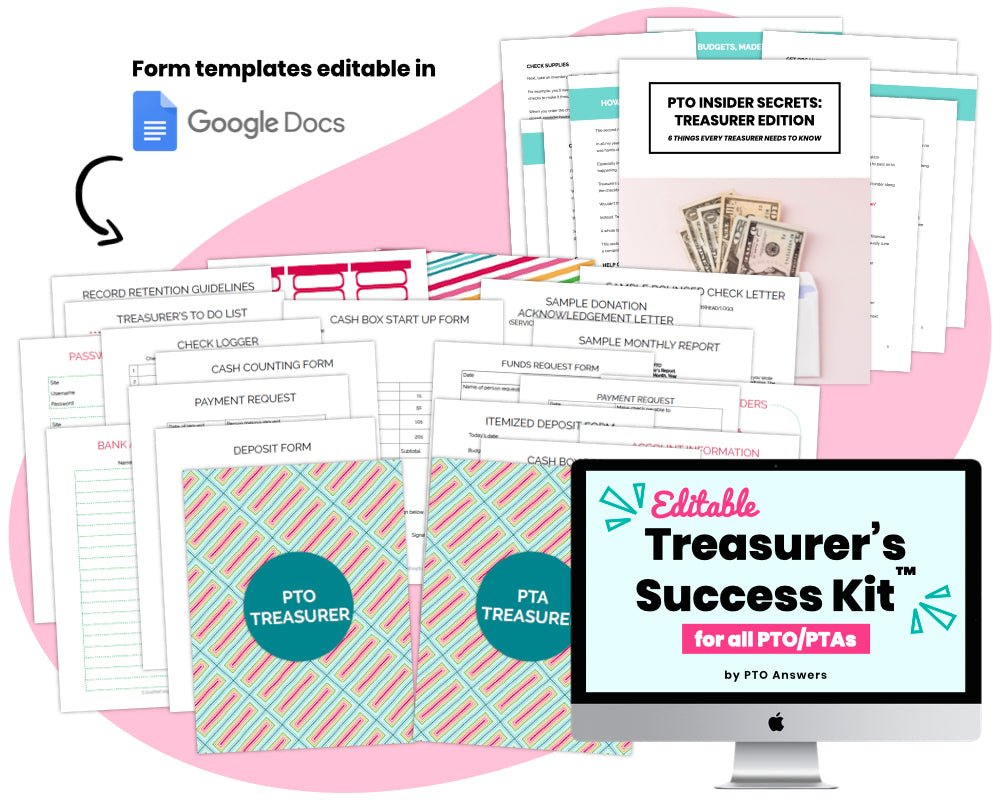 'editable treasurer's success kit for all pta/ptos by pto answers' printable planner and binder kit with financial management forms and templates editable in Google Docs colorful documents and book cover with iMac displaying resource name atop blue blob shape with iMac displaying resource name