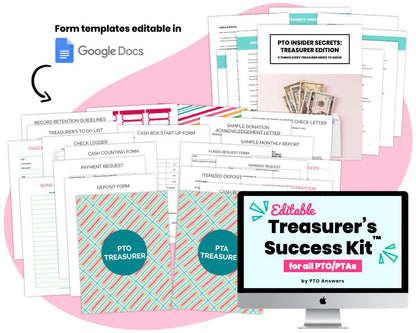 'editable treasurer's success kit for all pta/ptos by pto answers' printable planner and binder kit with financial management forms and templates editable in Google Docs colorful documents and book cover with iMac displaying resource name atop blue blob shape with iMac displaying resource name