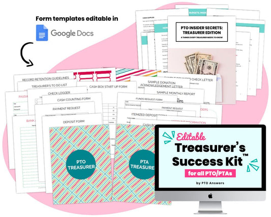 'editable treasurer's success kit for all pta/ptos by pto answers' printable planner and binder kit with financial management forms and templates editable in Google Docs colorful documents and book cover with iMac displaying resource name atop blue blob shape with iMac displaying resource name