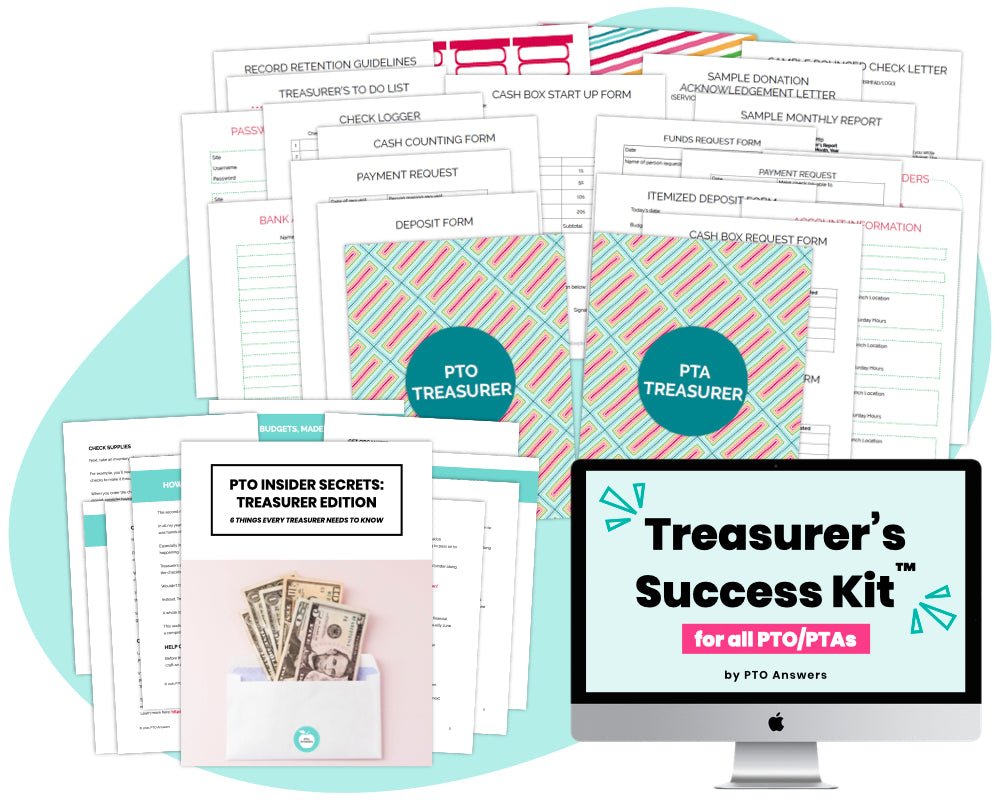 'treasurer's success kit for all pto ptas by pto answers' printable planner and binder organization kit with money tracking templates and forms - colorful documents and book cover with iMac displaying resource name atop blue blob shape 