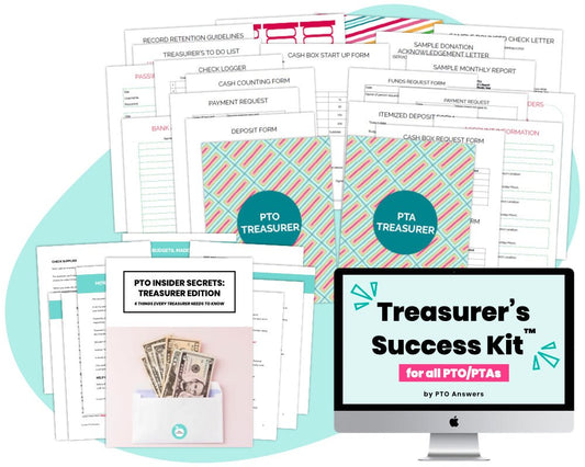 'treasurer's success kit for all pto ptas by pto answers' printable planner and binder organization kit with money tracking templates and forms - colorful documents and book cover with iMac displaying resource name atop blue blob shape 