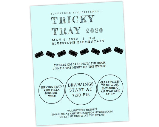 blue flyer background with ticket icons for school auction fundraiser by pto answers
