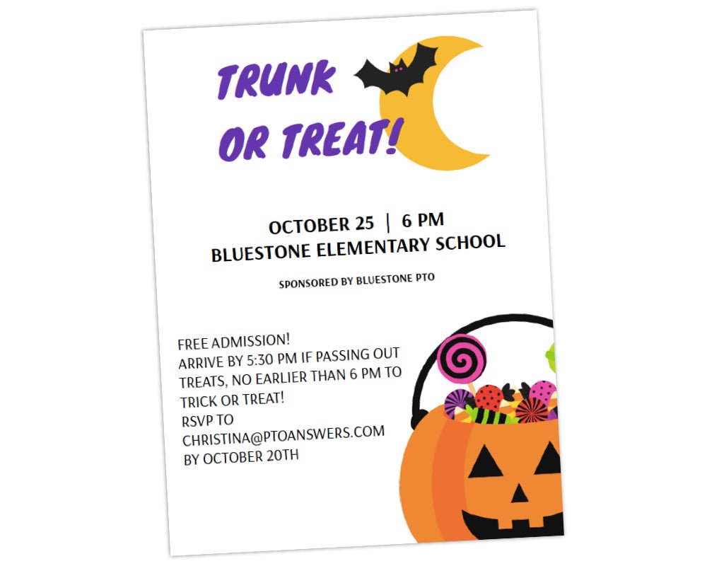 bat, moon and pumpkin pail filled with candy customizable trunk or treat halloween family fun event flier template by pto answers