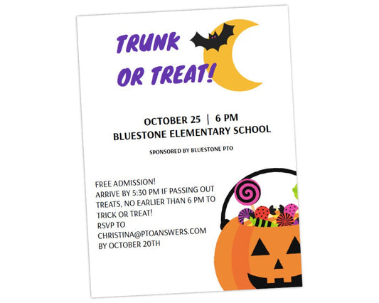 bat, moon and pumpkin pail filled with candy customizable trunk or treat halloween family fun event flier template by pto answers