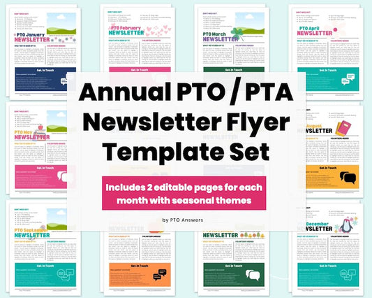 Annual PTO Monthly Newsletter Template Flyer Set for all School Parent Groups- Edit in Canva