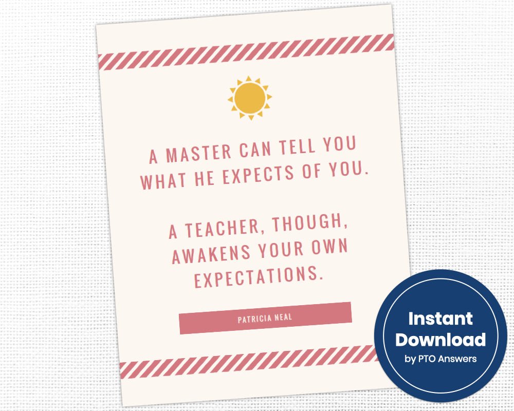 A master can tell you what he expects of you. A teacher awakens you own expectations teacher appreciation wall quote art for classroom decoration in pastel pink and yellow color scheme