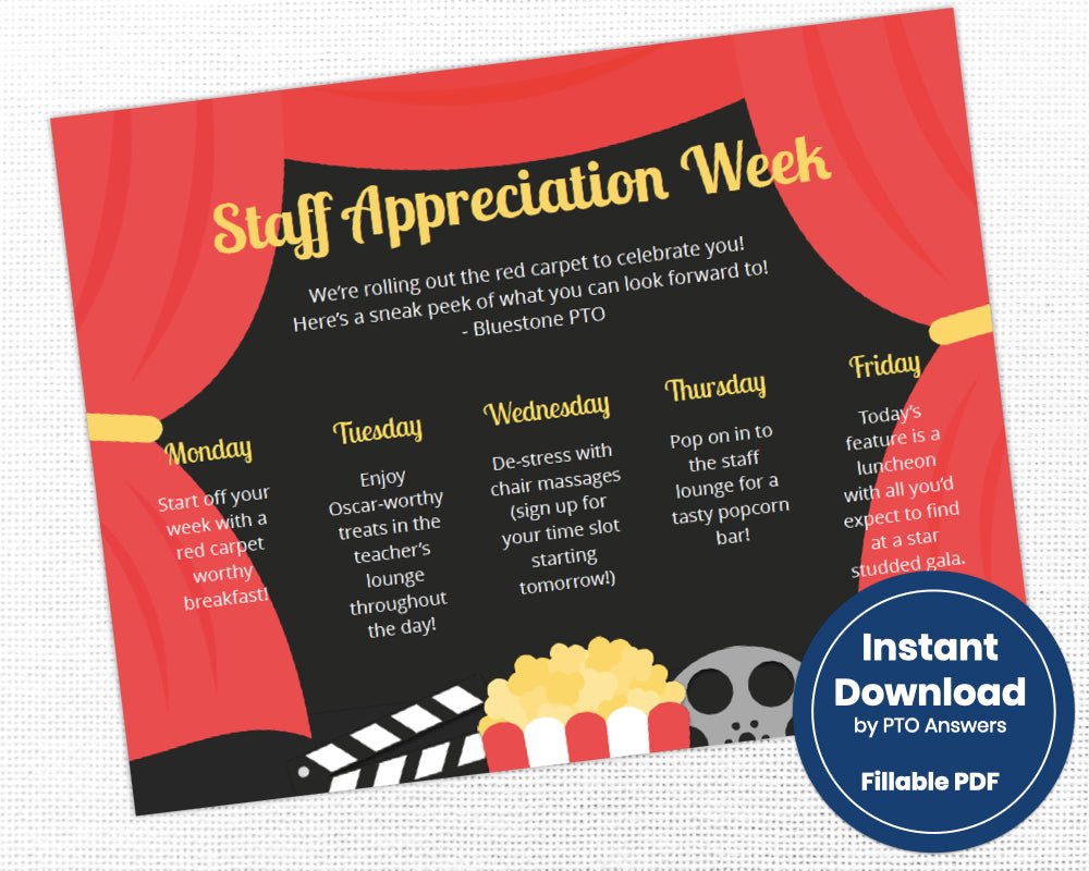 customizable staff appreciation teacher appreciation move themed schedule of events flyer template with red curtain stage and movie icons