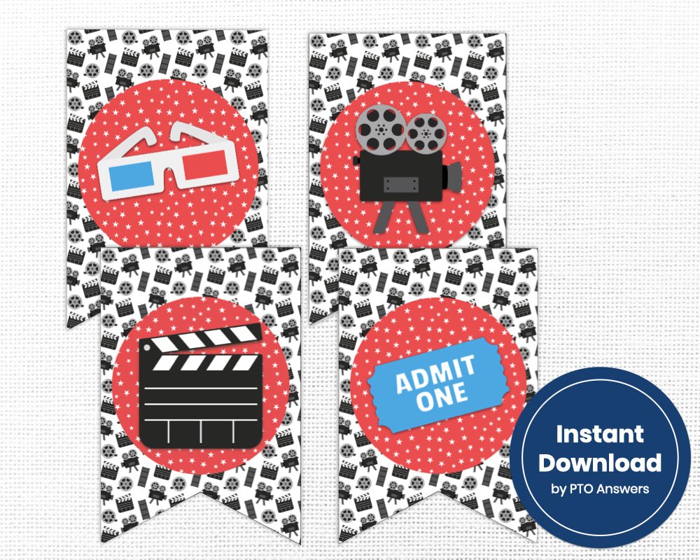 printable movie and film banner sign for movie themes staff appreciation and teacher appreciation week event and luncheon with black and white movie icon background and red pattern accent