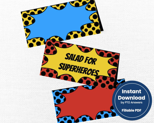 printable and customizable superhero themed food tent labels for super hero themed teacher appreciation, staff appreciation or volunteer appreciation luncheon or event with red, blue and yellow color scheme and polka dotted background