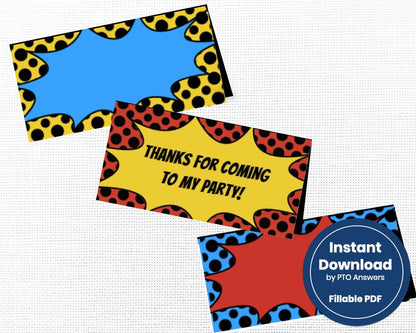 printable and customizable superhero themed gift bag topper labels for super hero themed teacher appreciation, staff appreciation or volunteer appreciation luncheon or event