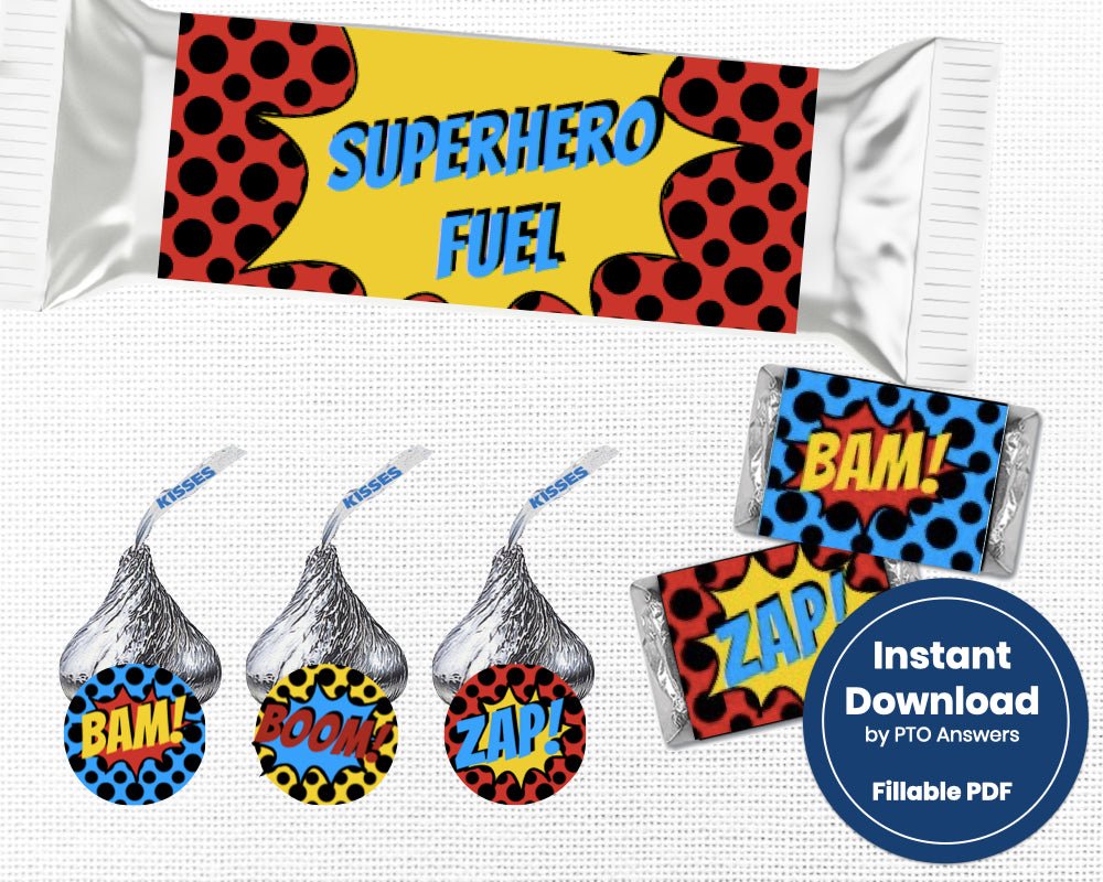 printable superhero candy bar wrappers with red, yellow and blue polka dotted backgrounds and coordinating bursts