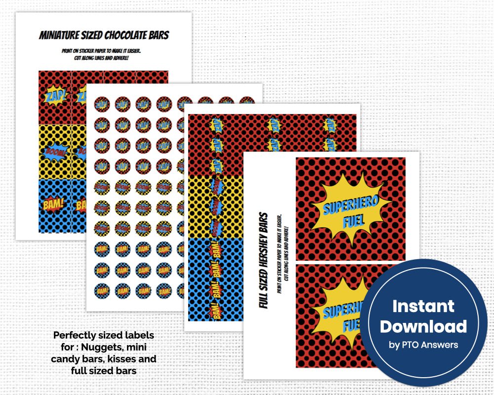 printable superhero candy bar wrappers with red, yellow and blue polka dotted backgrounds and coordinating bursts