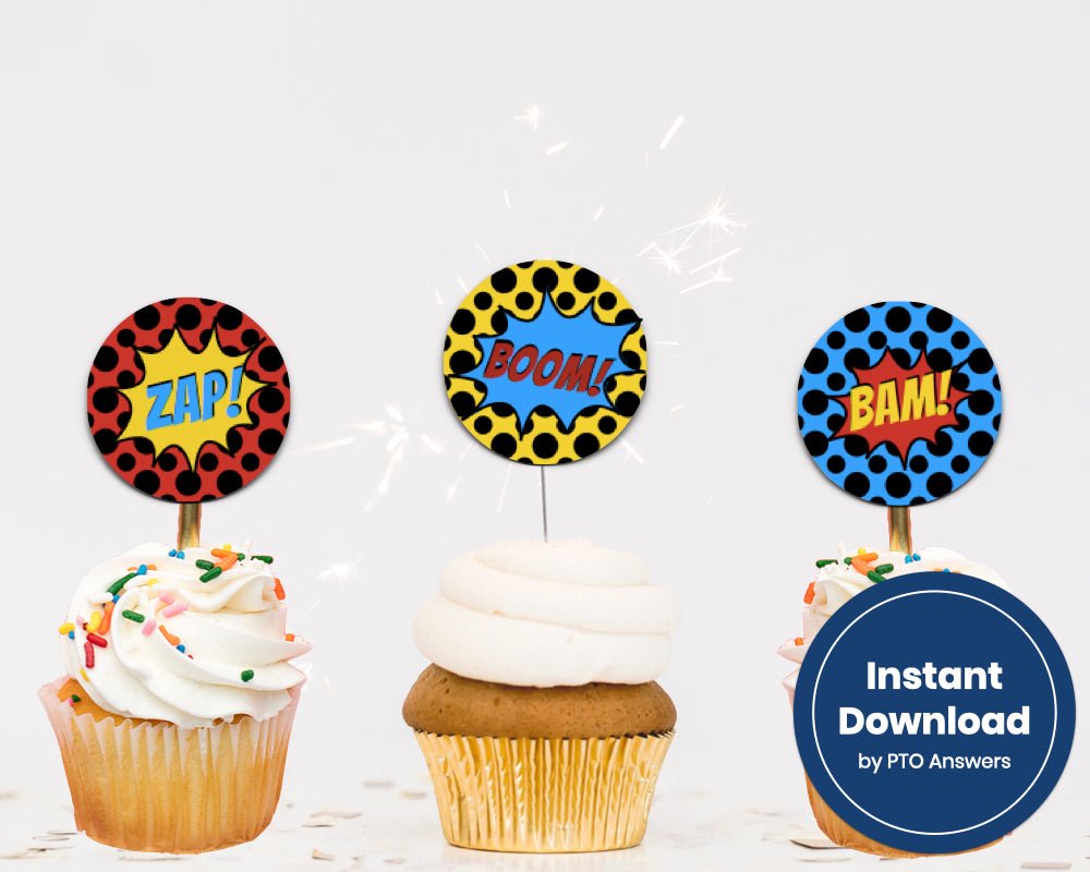 printable super hero cupcake toppers with red, yellow and blue polka dotted backgrounds