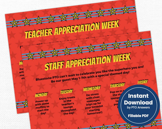 customizable teacher appreciation and staff appreciation week schedule of events template with red star background and yellow star and blue stripes