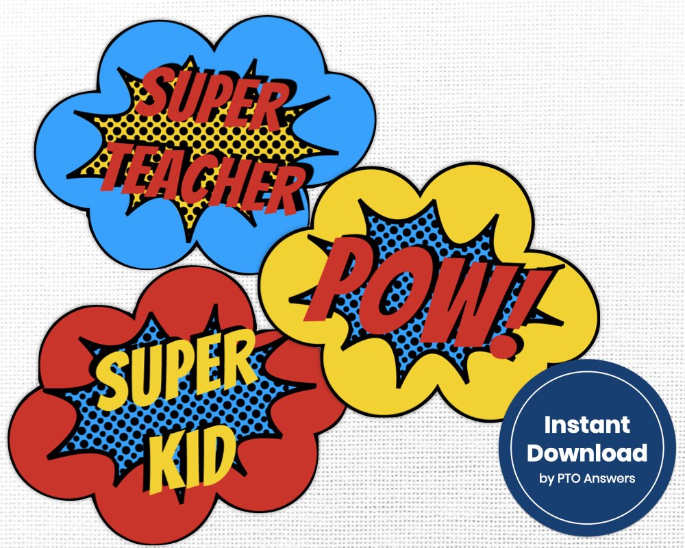 printable super hero photo booth sign set for teacher appreciation and staff appreciation events plus classroom decorations in yellow, blue and red polka dot background and bursts