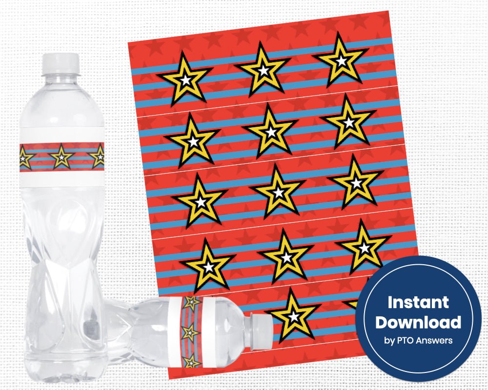 printable superhero water bottle label for super hero appreciation event for teachers, staff and volunteers  with red, yellow and blue star s