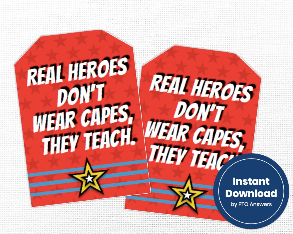 printable teacher super hero gift tags for teacher appreciation week with red star background and yellow and blue color scheme