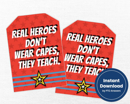 printable teacher super hero gift tags for teacher appreciation week with red star background and yellow and blue color scheme