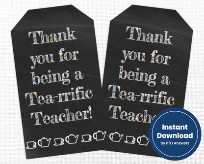 thank you for being a tea-rrific teacher appreciation and end of school printable gift tag chalkboard background and teapot and tea cup icons