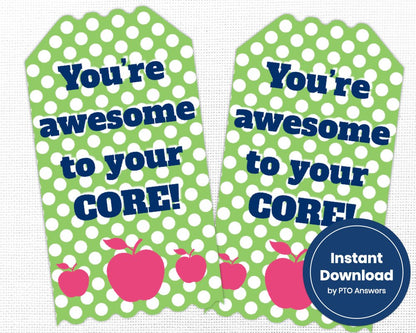 printable awesome to your core polka dot and apple themed teacher appreciation gift tags