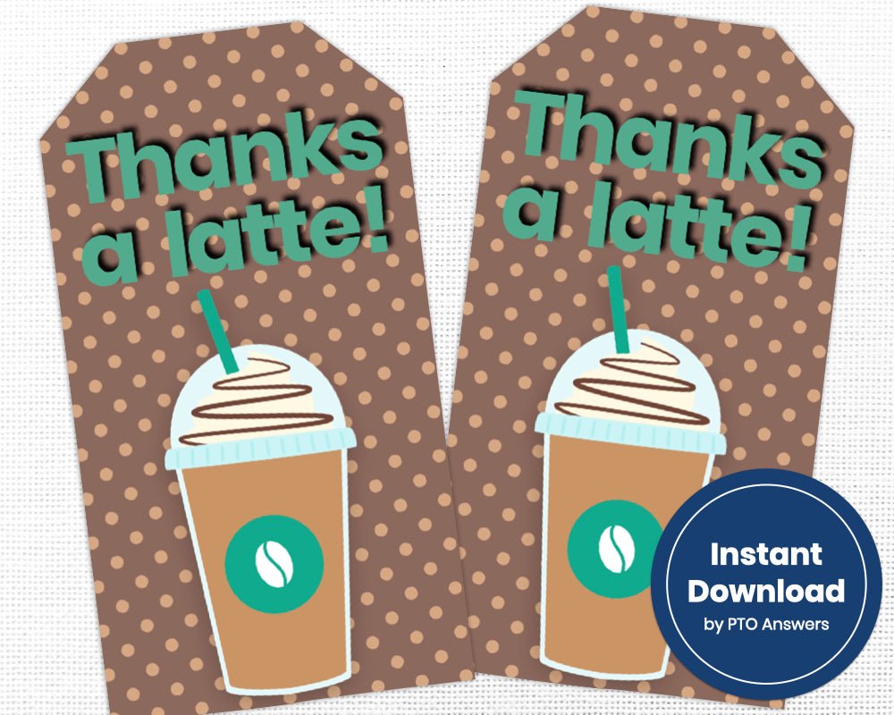 printable thanks a latte coffee themed appreciation gift tags with frozen drink icon with polka dotted brown on brown background