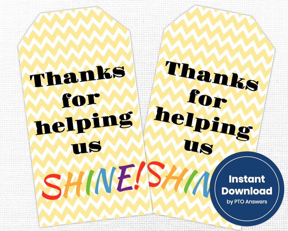 printable thank you volunteer appreciation gift tag for school volunteers with yellow chevron background and rainbow colored text on tag bottom