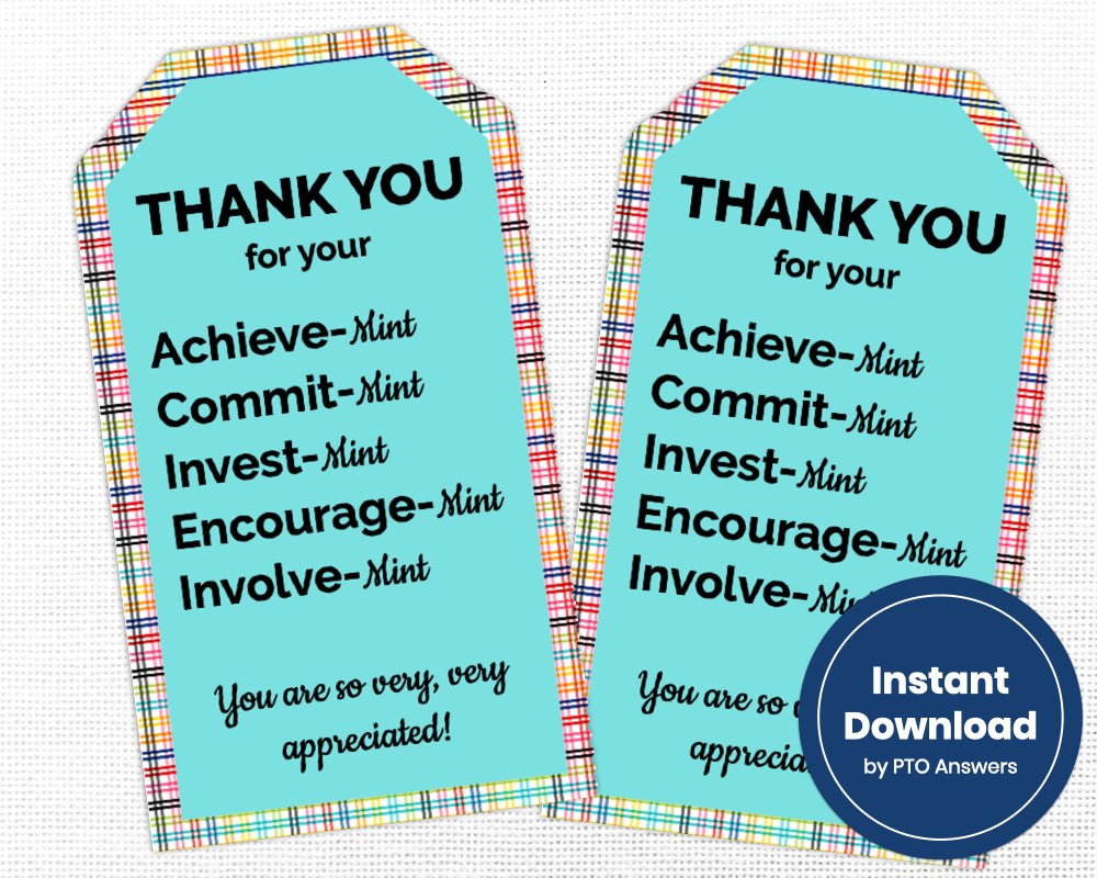 punny mint themed teacher and volunteer appreciation printable thank you tags with rainbow plaid background and aqua center