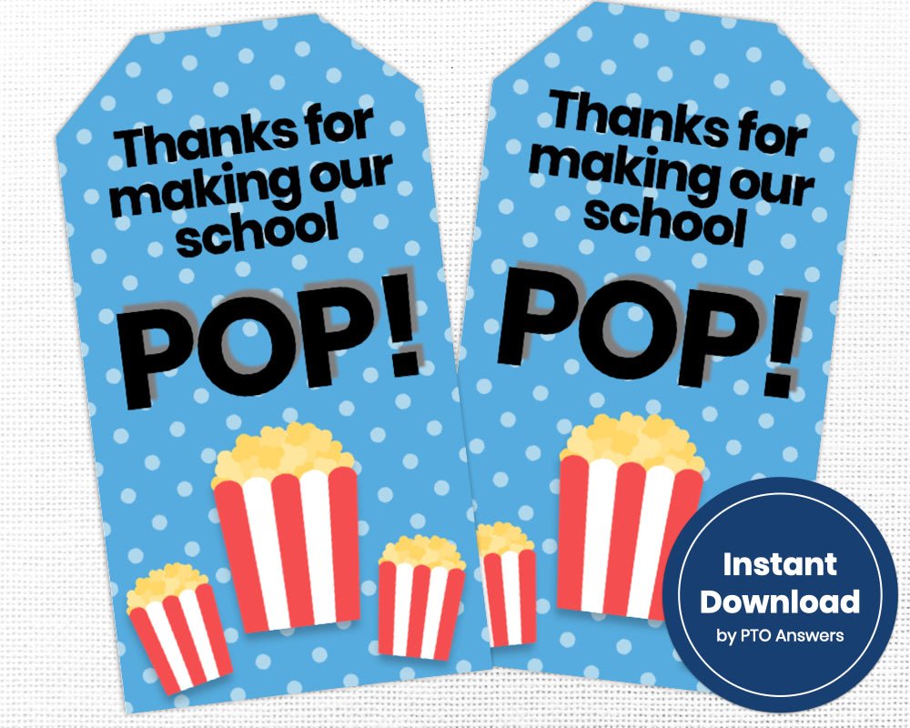 printable thanks for making our school pop popcorn teacher appreciation or volunteer appreciation gift tags with blue dotted background and red and white popcorn boxes