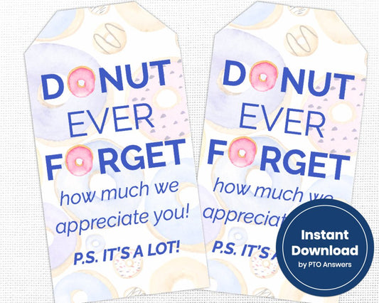 printable appreciation gift tags for teachers with doughnut theme with pastel pink, purple and tan color scheme