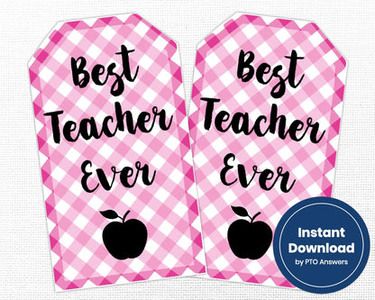 pink gingham plaid best teacher ever gift tag