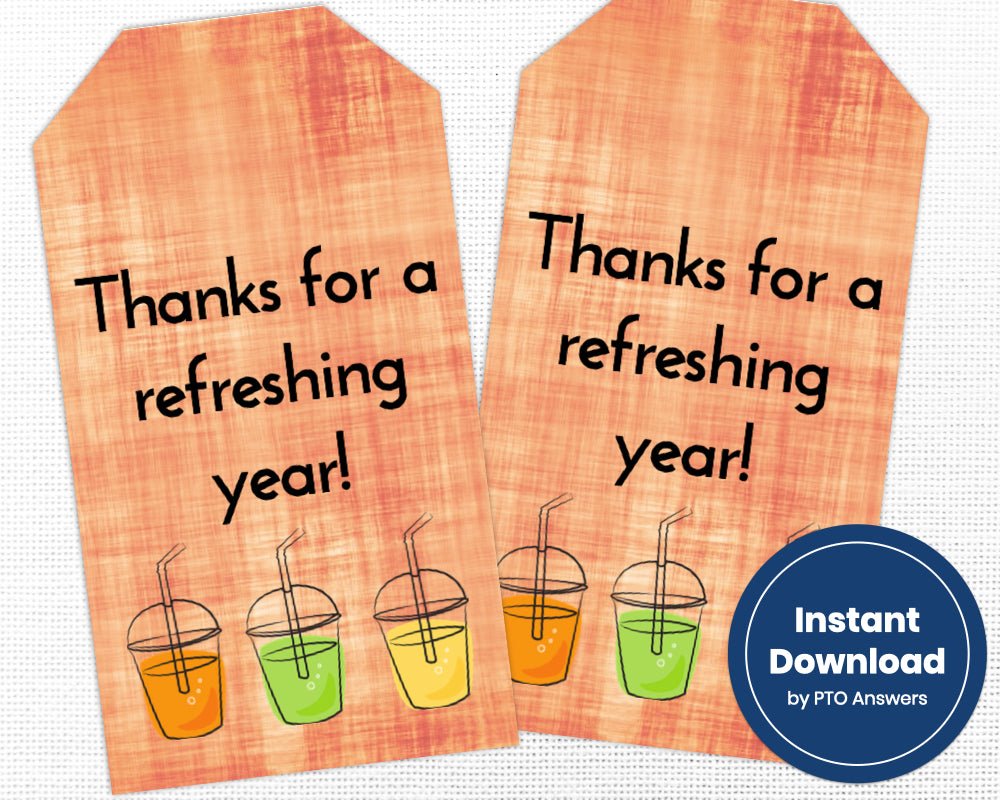 thanks for a refreshing year teacher appreciation printable gift tags on orange background with drink icons
